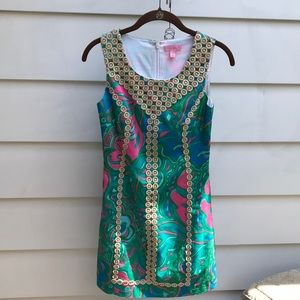 Lilly Pulitzer multi color dress with gold lace trim Size 0